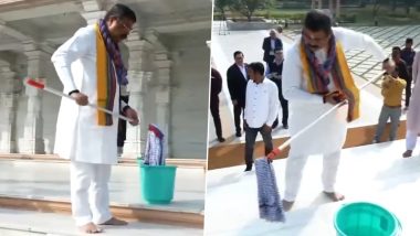 Dharmendra Pradhan Cleans Premises of Lord Jagannath Temple in Odisha's Angul After Offering Prayers (Watch Videos)