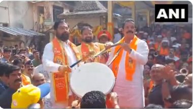 Ram Mandir Inauguration Ceremony: Maharashtra CM Eknath Shinde Plays ‘Dhol’ To Celebrate Ram Lalla Idol Consecration (Watch Video)