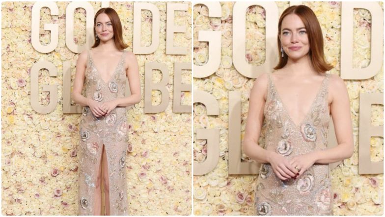 Golden Globes 2024: Emma Stone Stuns in Nude, Low-Cut Rose-Embellished Slit Gown! See Her Red Carpet Look Here!