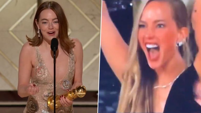 Jennifer Lawrence Loses to Emma Stone at Golden Globes 2024; Former’s Reaction to Poor Things Actress’ Big Win Goes Viral (Watch Video)