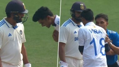 Fan Wearing Virat Kohli Jersey Touches Rohit Sharma’s Feet After Invading Pitch During IND vs ENG 1st Test 2024, Video Goes Viral