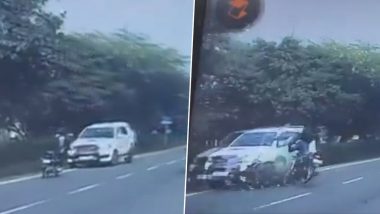 Accident Caught on Camera in Noida: Speeding SUV on Wrong Side of Road Rams Into Bike, Rider Seriously Injured (Watch Video)