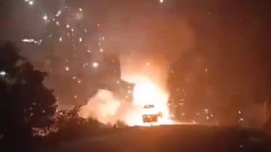 Unnao: Truck Carrying Fireworks to Bahraich Catches Fire, Lights Up Sky in UP Village (Watch Video)