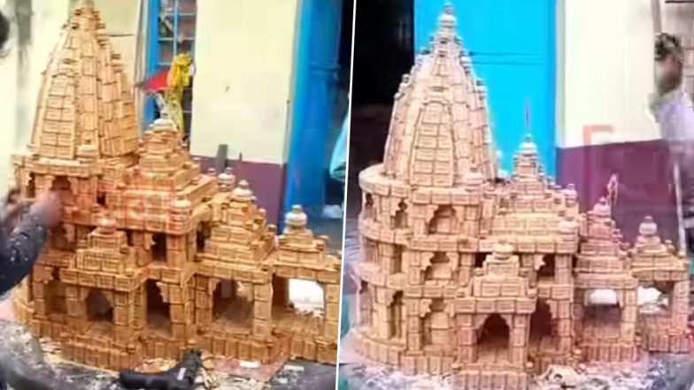 Ram Mandir Viral Video: Man From West Bengal’s Durgapur Makes Replica of Ayodhya Temple Using 20 Kg Parle-G Biscuits