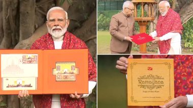 PM Narendra Modi Releases Commemorative Postage Stamps on Ram Mandir, Book of Stamps Issued on Lord Ram Around the Globe (See Pics and Video)