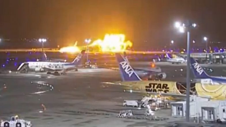 Japan Plane Fire: Japanese Airlines Plane With Over 300 People on Board Explodes Into Flames at Tokyo Airport (Watch Videos)