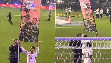 Jude Bellingham Asks Fan In Stands For GTA Themed Poster of Him, Vinicius Jr and Rodrygo Goes; Flaunts It After Real Madrid's SuperCopa de Espana 2024 Title Win (Watch Video)