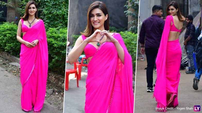 Kriti Sanon Radiates Effortless Style in Hot Pink Chiffon Saree for Teri Baaton Mein Aisa Uljha Jiya Promotion (View Pics)