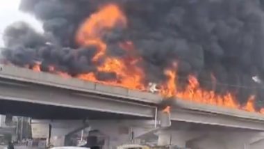 Punjab Fire Video: Massive Blaze Erupts After Oil Tanker Hits Divider and Overturns in Ludhiana