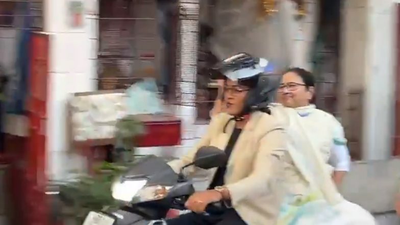 Mamata Banerjee Rides Pillion Video: West Bengal CM Enjoys Scooter Ride During 'Sampriti Rally' in Kolkata, Video Surfaces