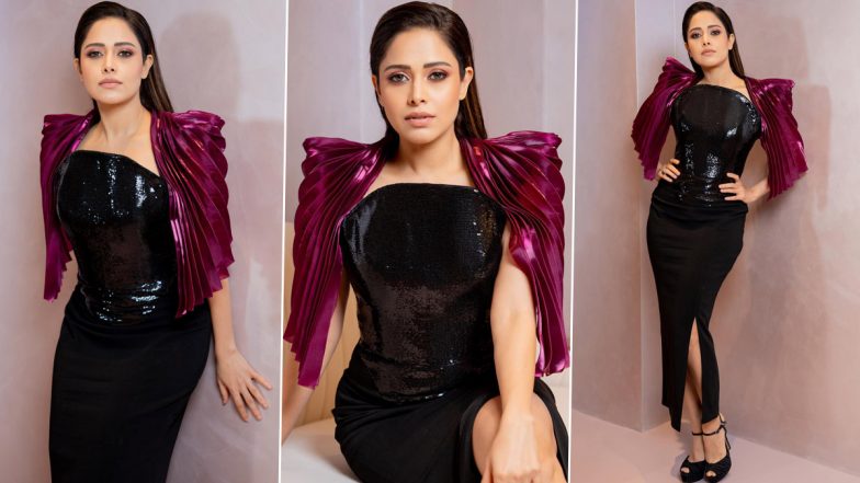 Nushrratt Bharuccha Rocks a Thigh-High Slit Sophisticated Black Dress and Purple Short Cape (View Pics)