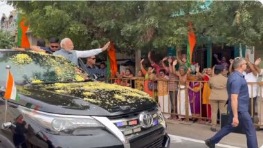 PM Modi in Tamil Nadu: Prime Minister Narendra Modi Holds Roadshow in Rameswaram, People Shower Flower Petals at His Cavalcade (Watch Video)