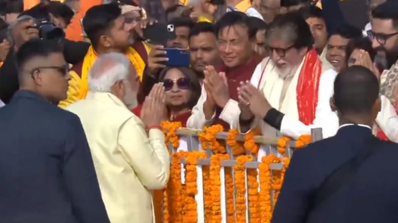 Ram Temple Consecration Ceremony: PM Narendra Modi Greets Amitabh Bachchan at Ayodhya's Ram Janmabhoomi Temple (Watch Video)