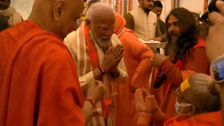 PM Narendra Modi Takes Blessings From 'Sadhus' After Unveiling Lord Rama's Idol at Shri Ram Janmaboomi Temple in Ayodhya (Watch Video)