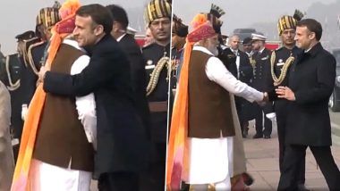 PM Narendra Modi Welcomes French President Emmanuel Macron With Warm Hug for Republic Day 2024 Celebrations at Kartavya Path (Watch Video)