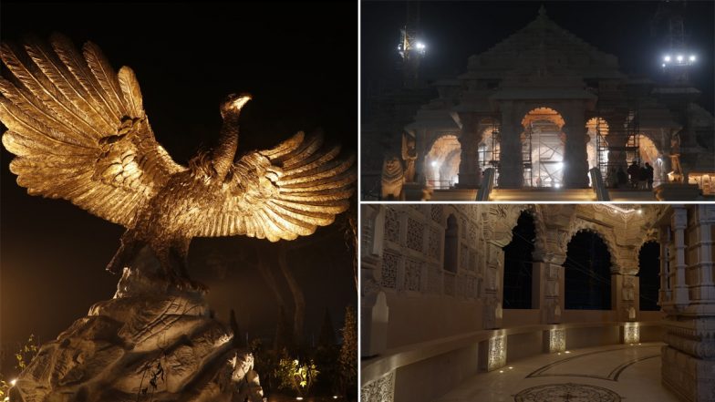 Ram Mandir at Night Photos: Ram Janmbhoomi Teerth Kshetra Trust Shares Stunning Pictures of Ayodhya Ram Temple Premises (See Pics)