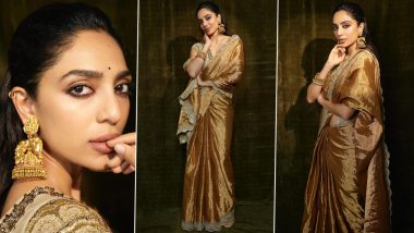Sobhita Dhulipala Oozes Royal Vibes in Golden Saree Paired With Chunky Earrings (View Pics)