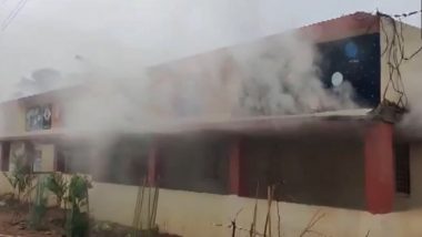 Srikakulam Fire: Massive Blaze Erupts in Storeroom of Tekkali Government High School in Andhra Pradesh (Watch Video)