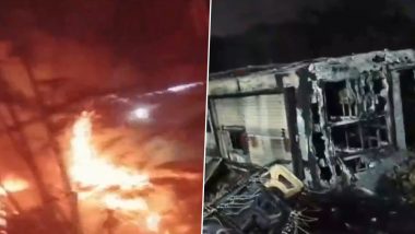 Bus on Fire in Telangana: One Killed, Four Injured After Volvo Bus Catches Blaze on Hyderabad-Bangalore National Highway Near Erravalli (Watch Video)