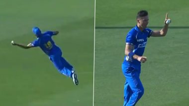 Stunner! Trent Boult Takes a Diving One-Handed Catch During MI Emirates vs Abu Dhabi Knight Riders ILT20 2024 Match