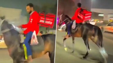 Zomato Delivery Agent Delivers Food on Horse in Chanchalguda Amid Long Queues at Petrol Pumps Across Hyderabad (Watch Video)