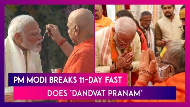 PM Narendra Modi Breaks 11-Day Fast After Ram Mandir Pran Pratishtha Ceremony, Performs Parikrama, Does ‘Dandvat Pranam’ And Seeks Blessings From Sadhus