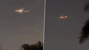 US: Atlas Air Plane Catches Fire Mid-Air After Engine Malfunctions, Makes Emergency Landing at Miami Airport (Watch Video)