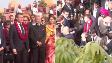 Rajasthan: French President Emmanuel Macron and EAM S Jaishankar Arrive at Amber Fort in Jaipur, Meet School Students (Watch Video)