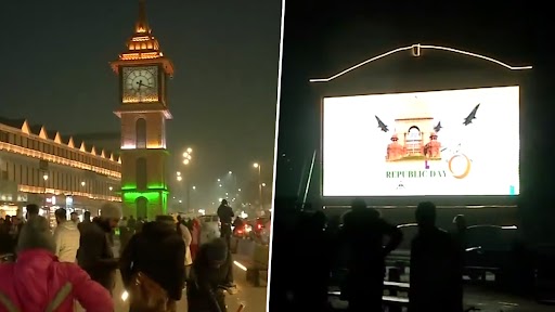 Republic Day 2024 in J&K: Clock Tower at Lal Chowk Illuminated Ahead of R-Day Celebrations in Srinagar (Watch Celebrations Video)