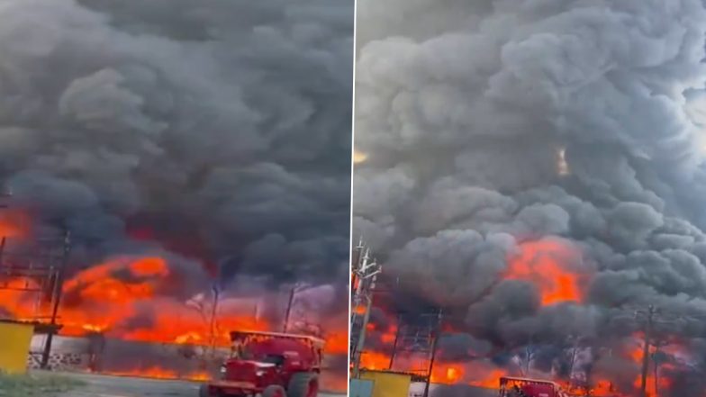 Fire in Nashik Video: Blaze Erupts at Sinnar Industrial Area in Maharashtra, Footage Shows Raging Flames and Thick Cloud of Smoke