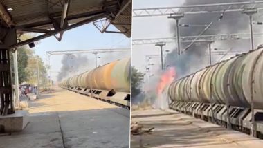 Goods Train on Fire in Maharashtra: Blaze Erupts in Crude Oil Train Near Panvel, Video Shows Raging Flames and Cloud of Smoke