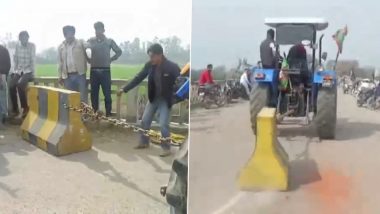 Farmers Protest: Protesting Farmers Use Tractors to Remove Cement Barricades in Haryana's Kurukshetra (Watch Video)