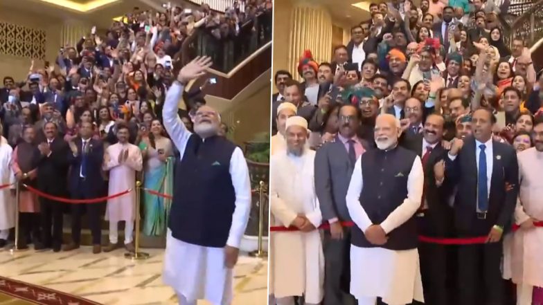 PM Modi UAE Visit: PM Narendra Modi Greets Members of Indian Diaspora, People Raise Slogans of 'Modi-Modi, Modi Hai to Mumkin Hai’ in Abu Dhabi (Watch Videos)