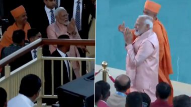 PM Modi UAE Visit: Prime Minister Narendra Modi Meets Artisans of BAPS Hindu Temple in Abu Dhabi (Watch Video)