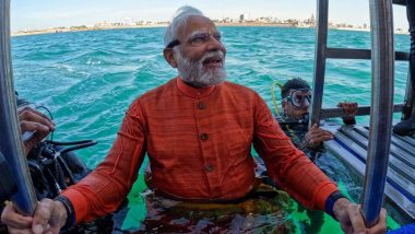 PM Narendra Modi Dives Into Arabian Sea To Perform Underwater Puja in Submerged Ancient Dwarka (See Pics)