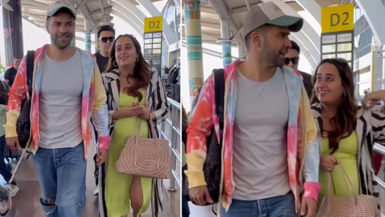 Varun Dhawan’s Wife Natasha Dalal Flaunts Her Baby Bump at Airport As They Head Home From Goa After Attending Rakul Preet Singh-Jackky Bhagnani’s Wedding (Watch Video)