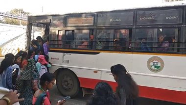 Telangana: Woman Almost Slips Under Bus While Boarding it, Narrowly Escapes Death After Driver Stops Vehicle on Time in Lothkunta (Watch Video)