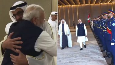 PM Narendra Modi Arrives in UAE, Shares Hug With President Sheikh Mohamed bin Zayed Al Nahyan; Accorded Guard of Honour (Watch Videos)