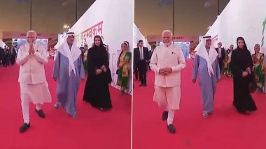 PM Modi in UAE Visit: Prime Minister Narendra Modi Arrives at Zayed Sports Stadium for 'Ahlan Modi' Event (Watch Video)