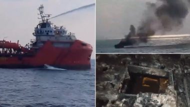 Andhra Pradesh Fire Video: Blaze Erupts in Fishing Vessel Near Offshore Development Area in Kakinada, Indian Navy Ship and MV Erin Aid Rescue Operation