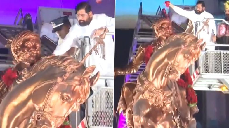 Chhatrapati Shivaji Maharaj Jayanti 2024: Maharashtra CM Eknath Shinde Garlands Statue of Maratha King in Chembur on Occasion of Latter’s Birth Anniversary (Watch Video)