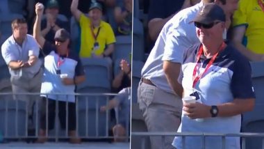 Spectator Takes One-Handed Catch in the Stands Without Spilling His Drink During AUS vs WI 3rd T20I 2024, Video Goes Viral