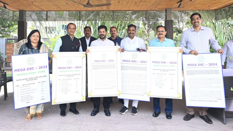 Telangana Teacher Recruitment Drive: CM Revanth Reddy Releases Mega DSC Notification for 11,062 Vacancies (See Pics and Video)