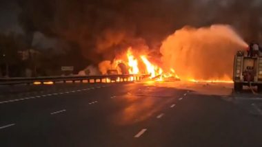 Gujarat Fire: Massive Blaze Erupts After Tanker Overturns on Ahmedabad-Mumbai National Highway in Valsad District (Watch Video)