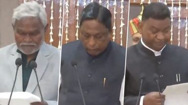 JMM Leader Champai Soren Takes Oath as Chief Minister of Jharkhand, Congress’ Alamgir Alam and RJD Leader Satyanand Bhokta Sworn In As State Ministers (Watch Videos)