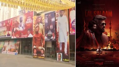 Lal Salaam: Fans Eagerly Await the Release of Rajinikanth’s Film, Adorning a Chennai Theatre With Banners and Garlands (Watch Video)