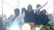 PM Modi in Gujarat: Prime Minister Narendra Modi Showered With Flower Petals As He Greets Crowd at Public Event in Rajkot (Watch Video)