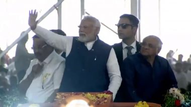 PM Modi Gujarat Visit: Prime Minister Narendra Modi Holds Roadshow in Rajkot (Watch Video)