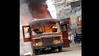 Maratha Reservation Protest: Bus Torched, Maharashtra State Transport Halts Services in Jalna (Watch Video)