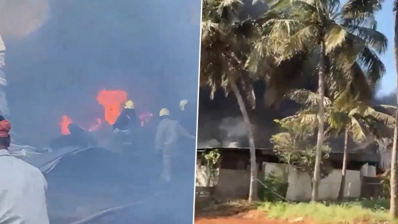 Tamil Nadu Fire: Massive Blaze Erupts at Factory in Coimbatore's Kovaipudur, Fire Tenders Present at Spot (Watch Video)